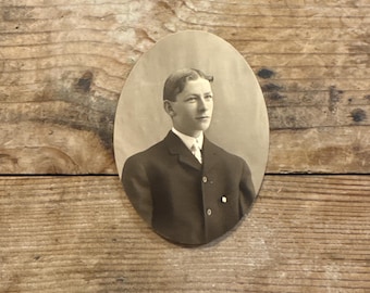 Antique Oval Portrait Photograph Young Man Edwardian 1900s 1910s Genealogy Harold Wilkins