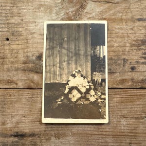 Antique RPPC Real Photo Postcard Baby Child Patchwork Quilt Barn Folk Art Textile Americana 1900s 1910s