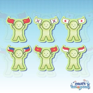 green little guys holding flags vinyl sticker | cute stickers, waterproof, laptop, water bottle, journal, scrapbook, trinkets
