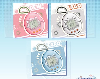 May include: Three colorful digital pet keychains. The keychains are in pink, white, and blue, each with a different name: "DEW", "SAGO", and "TARO". Each keychain features a small screen displaying a cartoon character and three buttons.