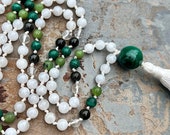 Malachite Mala | 108 Mala | Moonstone | Jade | Green Tourmaline | Rainbow Moonstone Prayer Beads | Yoga Necklace | Japa Meditation Beads