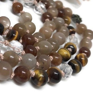 108 Moonstone Mala Bead Necklace, Hessonite Garnet, Tiger Eye, Quartz, Pyrite Roses, Yoga Jewelry, Meditation Necklace, Japa, Kundalini