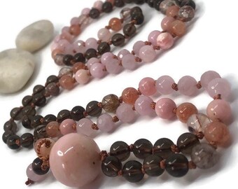 108 Bead Mala Necklace for Love and Grounding, Sunstone for Courage, Peruvian Opal for Calming, Rutilated Quartz for Spiritual Growth