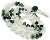 Malachite Mala | 108 Mala | Moonstone | Jade | Green Tourmaline | Rainbow Moonstone Prayer Beads | Yoga Necklace | Japa Meditation Beads