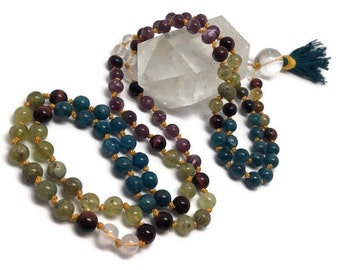Apatite Mala Beads Necklace | Green Garnet | Red Tigers Eye | Quartz Prayer Beads | Japa | Yoga Meditation | Kundalini | Crystal | Gemstone