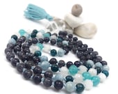 Mala Bead Necklace for Throat and Third Eye Chakra, Iolite Mala Beads, Aquamarine, Apatite, Rainbow Moonstone Prayer Beads, Amazonite