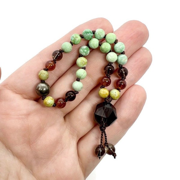 Variscite Pocket Mala with 27 Beads | Smoky Quartz Mini Mala | Hessonite Quarter Mala for Meditation and Mindfulness | Mala Beads for Love