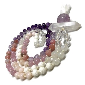 Amethyst Gemstone Mala Necklace for Love | Rose Quartz and Amethyst Prayer Beads | Yoga Necklace | Gift for Her | Bohemian Necklace
