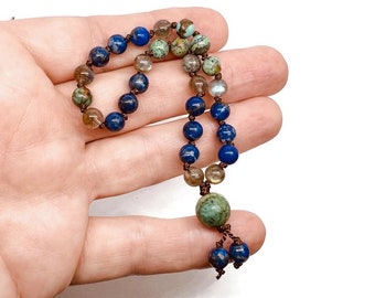 27 Labradorite, Lapis, and Turquoise Pocket Prayer Beads | Mini Mala for Yoga Meditation | Labradorite Mini Mala with 27, 6mm Beads