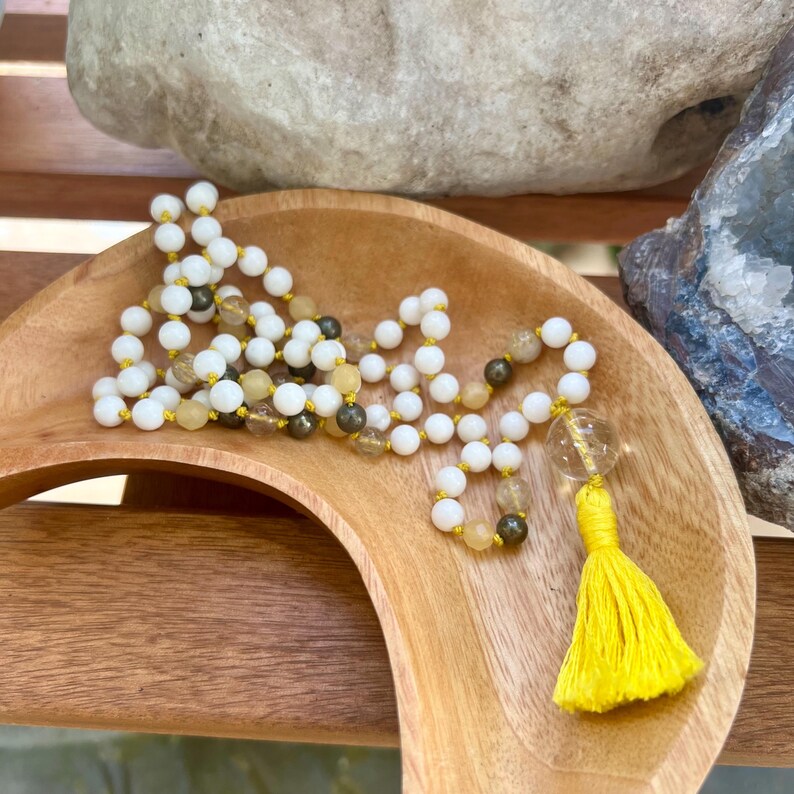 Shell Maala Tridacna Shell Mala With Rutilated Quartz and Pyrite for Courage and ...