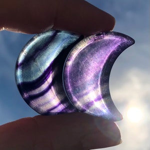 Fluorite Mini Crystal Crescent Moon Bowls | Tiny Crystal Moon Dish | Bohemian Style Home Decor | Fluorite Bowl | Salt Dish | Purple | Green