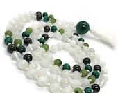 Malachite and Moonstone Mala, Jade, Tourmaline, Rainbow Moonstone Prayer Beads, Yoga Necklace, Meditation Beads