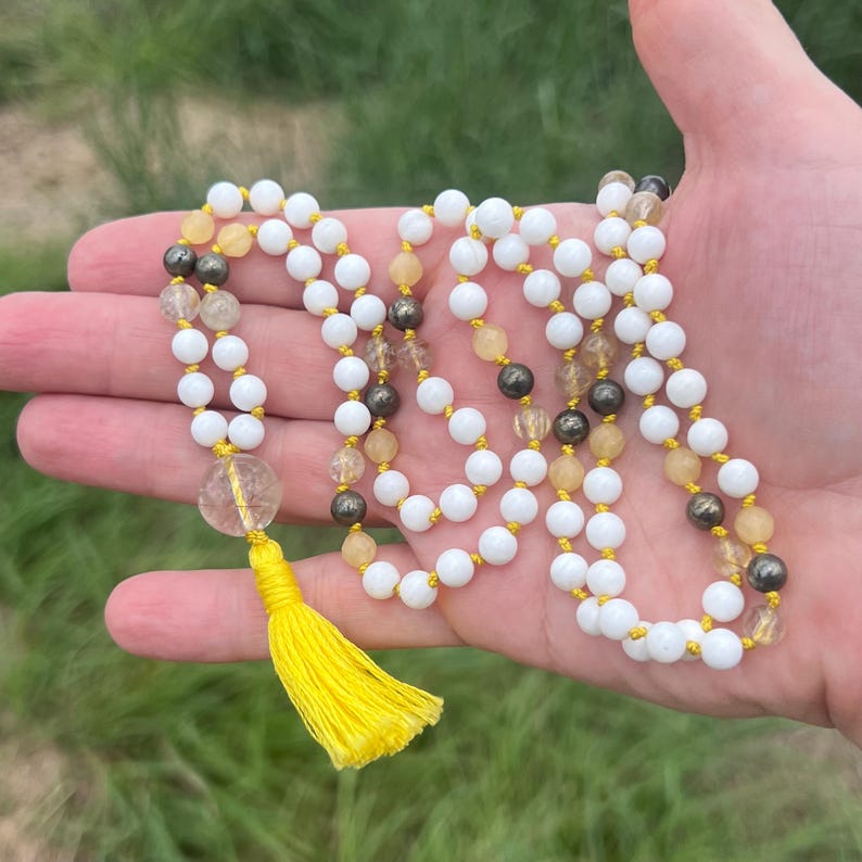 Shell Maala Tridacna Shell Mala With Rutilated Quartz and Pyrite for Courage and ...