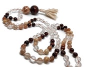 108 Bead Mala Necklace with Rutilated Quartz, Garnet, Red Tiger Eye, Sunstone, and Moonstone | Yoga | Meditation | 6mm Japa Mala