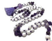 Purple and White Mala Necklace for Meditation and Metaphysical Healing | Amethyst and Tridacna Shell Prayer Beads | 6mm Mala | 108 Beads