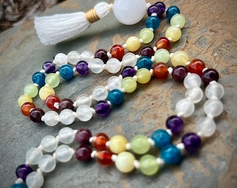 108 Chakra Mala Bead Necklace | Selenite Mala | Gemstone Mala Beads, Garnet, Carnelian, Golden Opal, Green Onyx, Apatite, Amethyst | Yoga