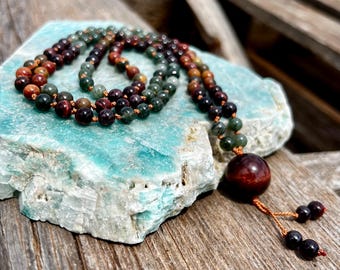 108 Bead Mala Necklace • Red Tiger Eye Guru Bead • Garnet, Green Rutilated Quartz, Red Creek Jasper • Root & Sacral Chakra Strength Mala