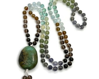 Turquoise Mala Bead Necklace | Brown Garnet | Smoky Quartz | Golden Apatite | Aquamarine | Blue Fluorite | Prehnite | Green Garnet | Yoga