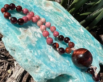 Snakeskin Jasper, Garnet, Red Tiger Eye, Rhodonite, Thulite | 27 Prayer Beads | 6mm Mini Mala Beads | Yoga Gift | Red Mala Beads | Pink Mala