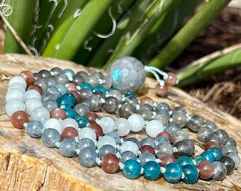 108 Apatite Mala Bead Necklace with Auburn Peach Moonstone, Aquamarine, Labradorite, Kyanite Mala Necklace | Japa Mala | Yoga