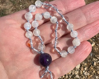 Rainbow Moonstone Pocket Prayer Beads | Amethyst | Quartz | Selenite | Yoga | Meditation | Yoga | 27 Bead Wrist Mala | 6mm