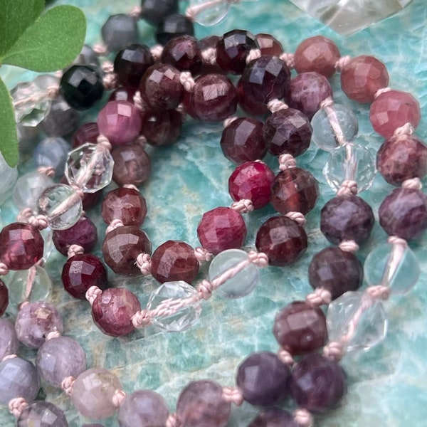Spinel Mala Necklace with Clear Quartz / 108 Bead Siddha Kundalini Activated Yoga Mala with Multicolored Faceted Spinel | 6mm Prayer Beads