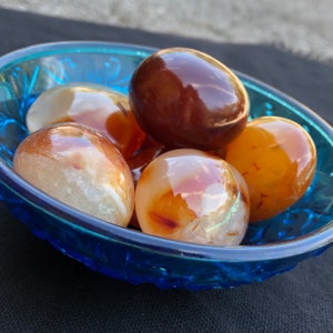 May include: A collection of six carnelian spheres in various shades of orange, brown, and white, displayed in a blue glass bowl.
