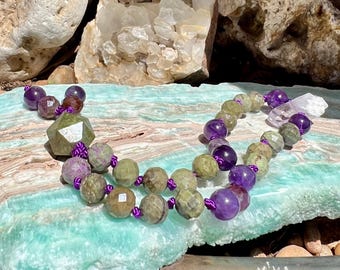 Atlantisite Mini Mala: Rhyolite, Ruby, Amethyst & Tibetan Quartz Prayer Beads