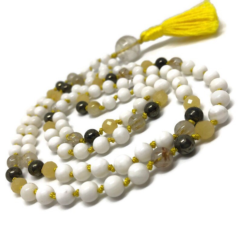 Shell Maala Tridacna Shell Mala With Rutilated Quartz and Pyrite for Courage and ...
