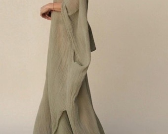 Sage Cotton Gauze Kaftan Dress, Coastal Resort Wear, Caftan Cover Up, Beach Vacation Dress