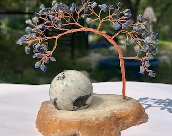 Lapis Lazuli Gemstone Tree | Agate Slice Base, Crystal Sphere