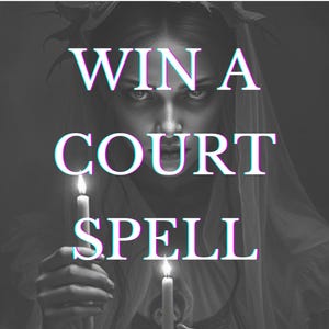 May include: A woman in a white veil holds two lit candles in front of her face. The text "WIN A COURT SPELL" is superimposed on the image.