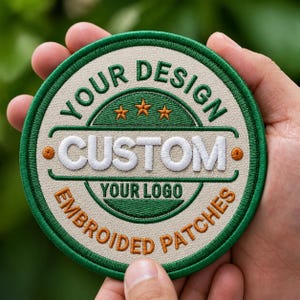 May include: A circular embroidered patch with a beige background and a green border. The text reads YOUR DESIGN, CUSTOM, YOUR LOGO, and EMBROIDERED PATCHES. It features three orange stars and two orange dots, with white and green thread accents.