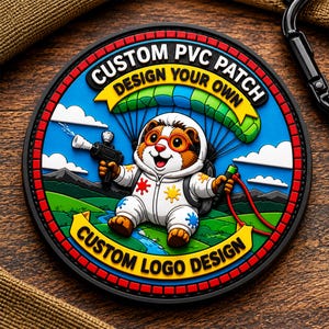 May include: A circular PVC patch featuring a cartoon guinea pig skydiving with a parachute. The guinea pig wears a white jumpsuit with colourful paint splatters, orange goggles, and holds a water gun. Text reads CUSTOM PVC PATCH, DESIGN YOUR OWN, and CUSTOM LOGO DESIGN.