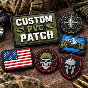 May include: A collection of PVC patches including a rectangular one with the text CUSTOM PVC PATCH, a compass rose, a mountain landscape, the American flag, a skull wearing a helmet inside a red star, and a silver spartan helmet on a shield.
