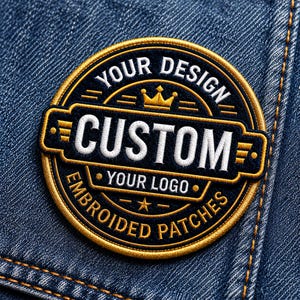May include: A circular embroidered patch with a black background and gold border. It features the text YOUR DESIGN, CUSTOM, YOUR LOGO, and EMBROIDERED PATCHES in white and gold, along with a small crown and star icon, attached to blue denim fabric.