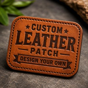 May include: A rectangular tan leather patch with rounded corners and dark brown stitched edges. The patch features the embossed text CUSTOM LEATHER PATCH and DESIGN YOUR OWN, accented by two small stars and horizontal lines in a centred layout.