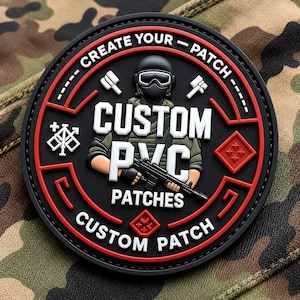 May include: A circular black and red PVC patch featuring a central graphic of a tactical figure in a helmet and goggles holding a rifle. The text reads CREATE YOUR PATCH, CUSTOM PVC PATCHES, and CUSTOM PATCH, with small geometric icons.
