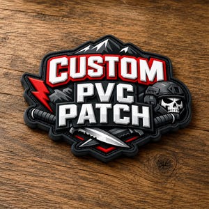 May include: A custom PVC patch featuring the text CUSTOM PVC PATCH in bold white letters with red outlines. The design includes a skull wearing a tactical helmet, two crossed knives, a red lightning bolt, and mountain silhouettes in black and grey.
