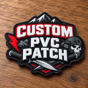 Könnte beinhalten: Ein schwarz-weiß-roter PVC-Aufnäher mit dem Text CUSTOM PVC PATCH. Das Design zeigt ein Gebirge, einen roten Blitz, zwei gekreuzte Messer und einen Totenkopf mit taktischem Helm auf der rechten Seite des Emblems.