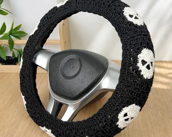 Gehäkelte Schädel-Lenkradabdeckung - Goth-Autozubehör, handgemachte Garn-Griff-Geschenke für Freunde