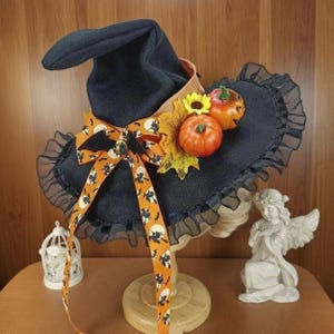 Halloween Pumpkins Lace Trim Witch Hat, Black Pointed Hat With Pumpkin Decor And Lace, Gothic Witchy Cosplay Accessory, Costume Party Decor