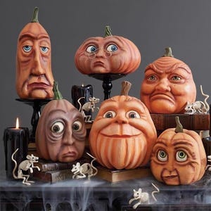 Expressive Pumpkin Family Decor, Hand Painted Halloween Pumpkins, Spooky Resin Centerpiece, Haunted House Props, Fall Tabletop Decoration