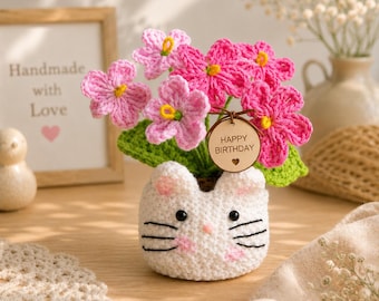 Maceta de ganchillo con forma de gato, decoración floral tejida a mano, planta de escritorio adorable, maceta con forma de gato, decoración de estilo rústico para el hogar, regalo para mamá.