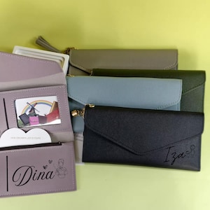 Cartera de cuero personalizada para mujer: monedero con cremallera larga, organizador de tarjetas y dinero, cartera de mano de cuero personalizada.