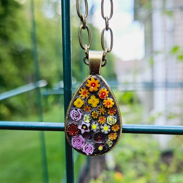 Floral Garden Teardrop Shaped Mosaic Pendant Necklace