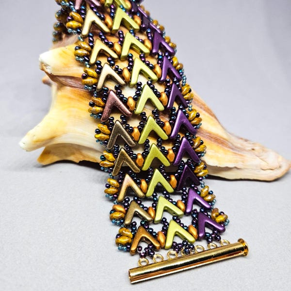 Avante Garde Purple Gold and Green Hand Beaded Bracelet