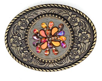 Paisley Czech Beaded Mosaic Antique Gold Belt Buckle