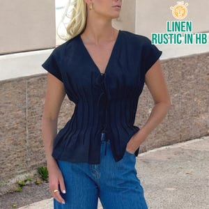 Short Sleeve Linen Top, Women V Neck Top, Linen Shirt, Elegant Linen Blouse, Summer Linen Top, Loose Women Top, Linen Tank Top,Tie Front Top