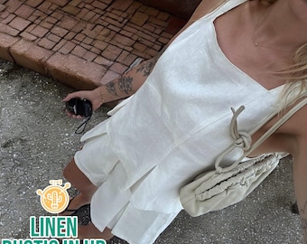 Linen Crop Top And Shorts Set, Tank Top, Women Sleeveless Top, Casual Shirt, Square Neck Top, Women Blouse, Summer 2-piece Set, Women Shorts